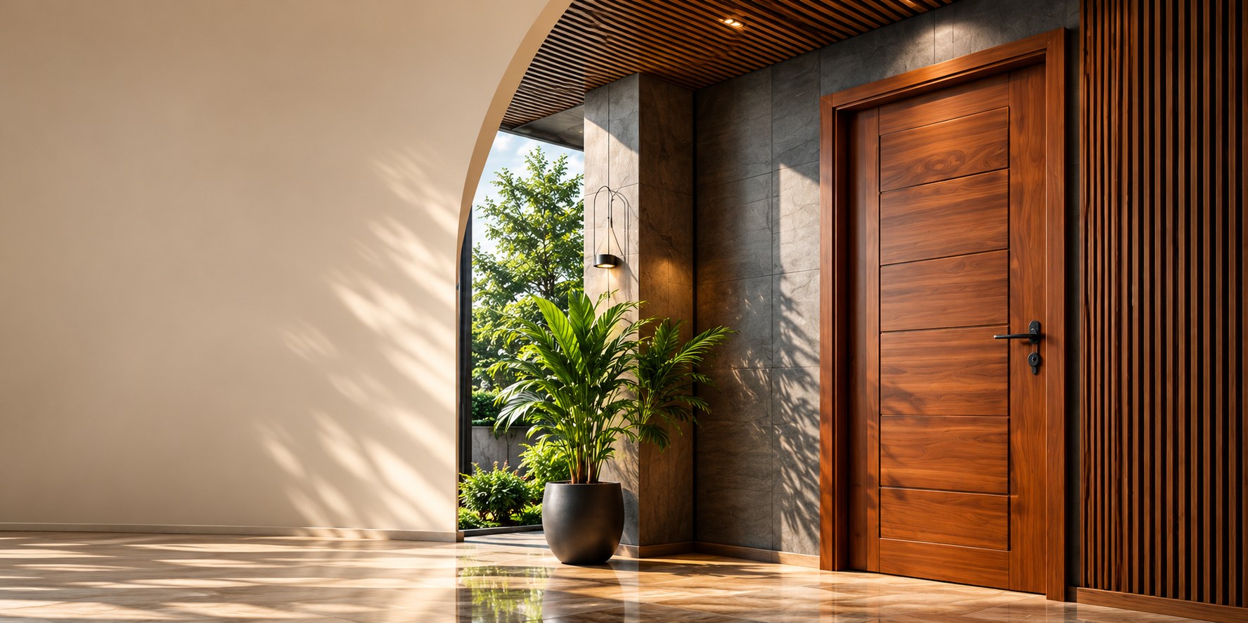 Closed teak-finish door in a modern entrance