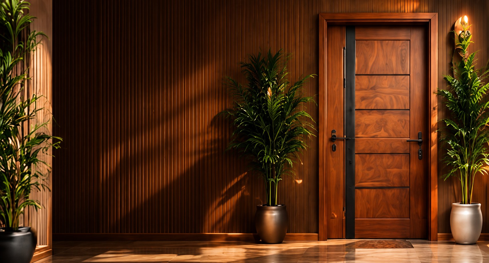 Laminated door with plants in a warm wooden hallway
