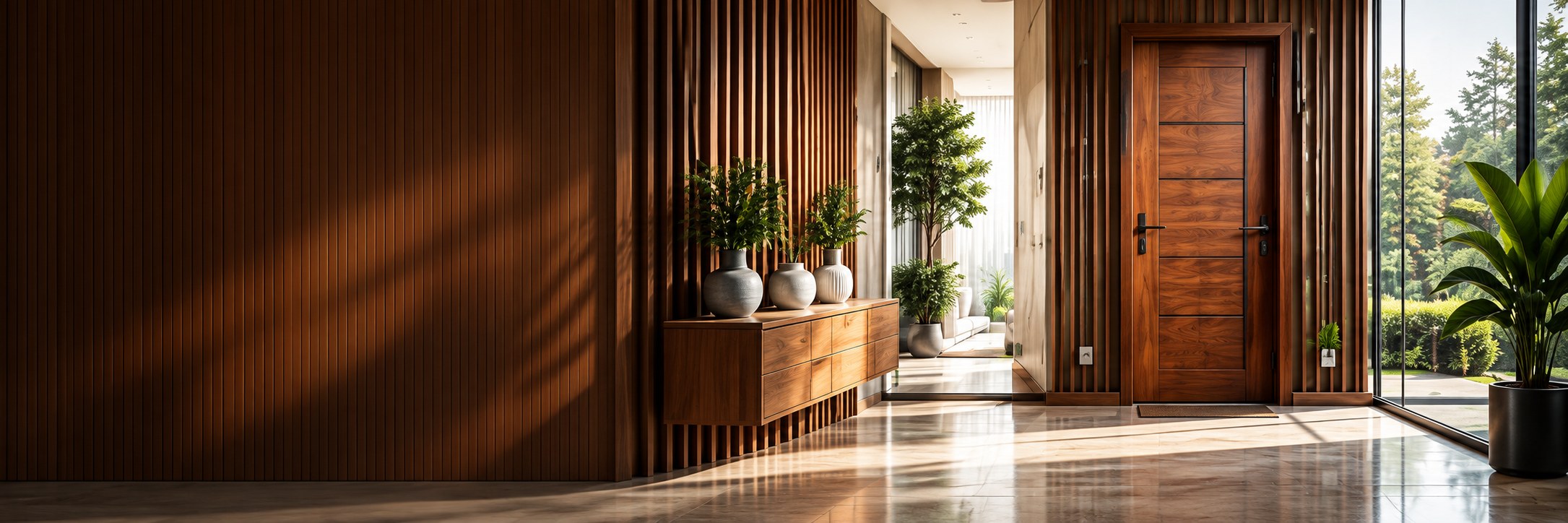 Modern entrance with a wooden door and slatted wall
