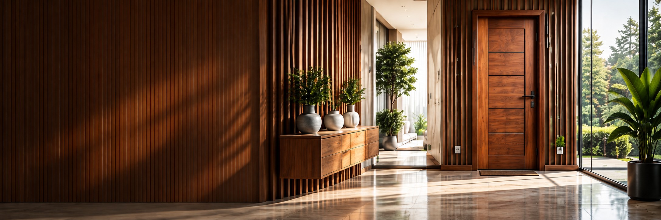 Modern entrance with a wooden door and slatted wall